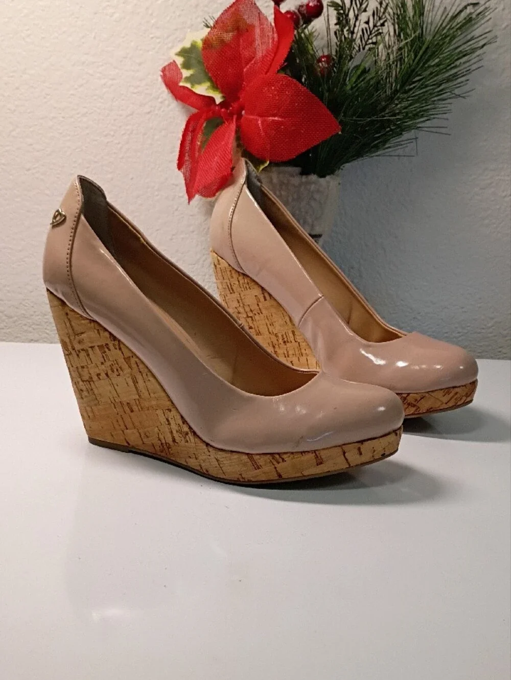Thalia Sodi Nude Patent Platform Pumps with Cork-Style Sole